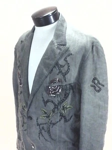 RAG RESTYLE Blazer Linen Jacket Roses Wings Studs Olive Green Men's 52 fits L - Picture 1 of 10