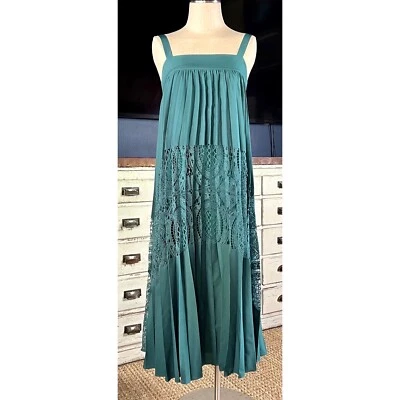 Nuevo Maxi Vestido $250 Anthropologie Geisha Deisgns Plisado Verde Azulado Encaje Crochet XS Foto 1 de 4