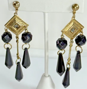 vtg Black & Gold Chandelier Dangle Earrings Runway Statement Movement - Picture 1 of 6