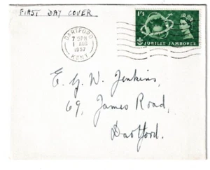 1/8/1957 UK GB FDC - Scout Jubilee Jamboree - 1/3 - Dartford Slogan Postmark #2 - Picture 1 of 2