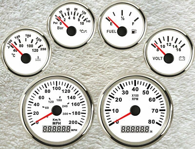 6 Gauge Set 200mph 300km/h GPS Speedometer Tacho Fuel Water Temp Volts Oil White - Image 1 of 4