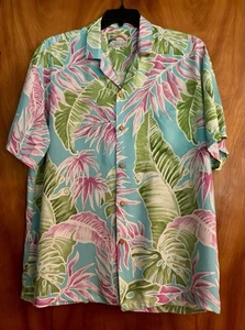 Paradise Found Hawaiian Aloha Shirt Cabana Palms Aqua Rayon Size LARGE - Picture 1 of 8
