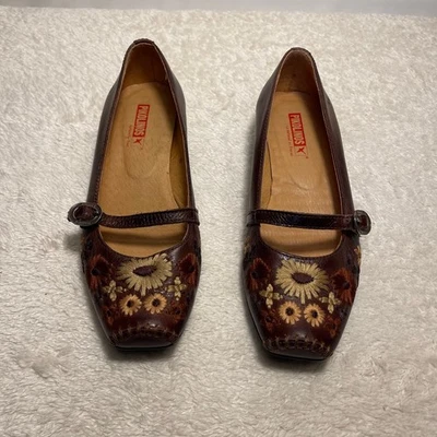 Pikolinos Zapatos Marrón Cuero Bordado Flores Mujer EU 36 / 5.5-6 Mary Jane Foto 1 de 4