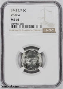 1943-P/P Jefferson Nickel NGC MS66 RPM VP-004 SILVER WAR 1 of 8 in 66! - Picture 1 of 6