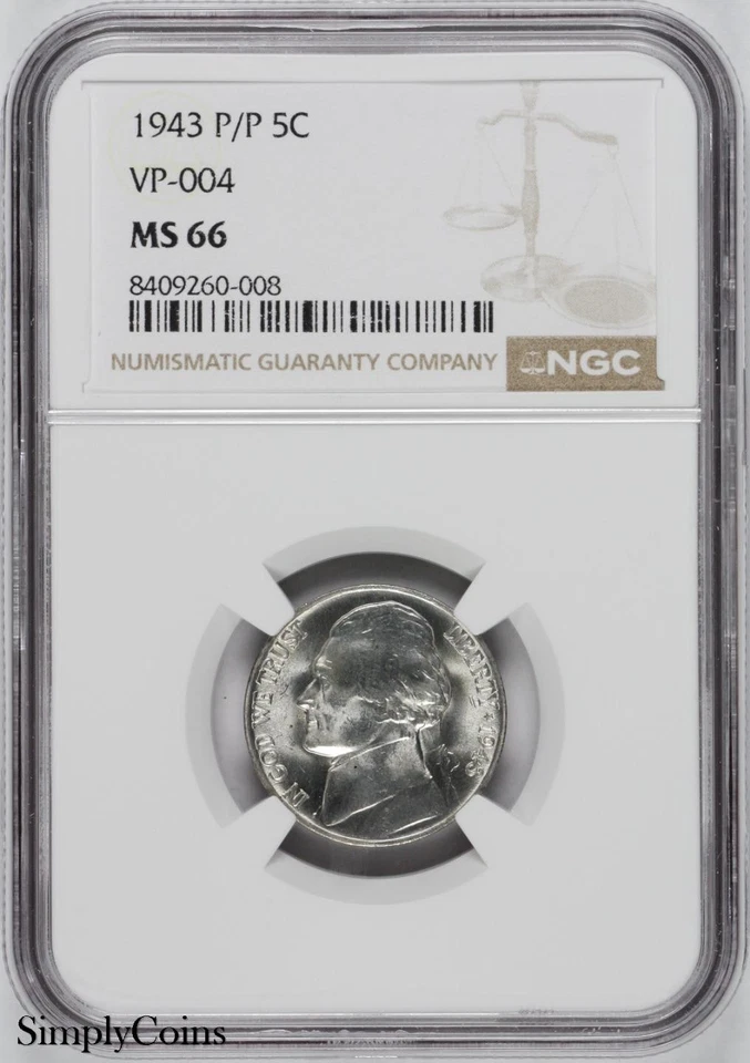 1943-P/P Jefferson Nickel NGC MS66 RPM VP-004 SILVER WAR 1 of 8 in 66! - Image 1 of 4