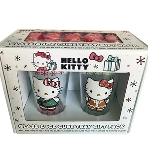 Juego de regalo bandeja de hielo y vidrio Hello Kitty -Fiestas Navidad. Dos vasos de 16 OZ nuevos - Imagen 1 de 7