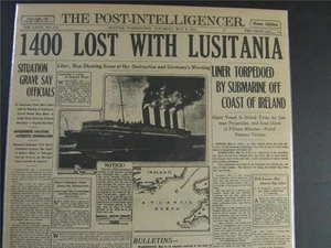 ALTE ZEITUNG SCHLAGZEILEN ~ 1. WELTKRIEG DEUTSCHE SINK LUSITANIA SCHIFF KATASTROPHE 1915 - Bild 1 von 8