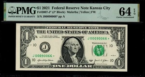 2021 $1 KANSAS CITY STAR NOTE PMG 64 EPQ Serial J00090066* Fr 3007-J* FW FRN - Picture 1 of 2