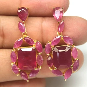 925 Sterling Silver Red Pink Ruby Earrings 18K Gold Plated - Picture 1 of 4