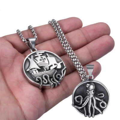 Herren Wikinger Piratenschiff Krake Oktopus Tintenfisch Edelstahl Anhänger Kette Set - Bild 1 von 4