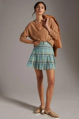 Minifalda ANTHROPOLOGIE NUEVA CON ETIQUETAS $98 Maeve plisada forrada a cuadros de algodón talla 2 Foto 1 de 4