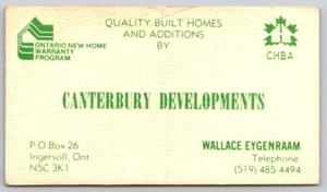 Business Card Ingersoll ON Canterbury Developments Wallace Eygenraam New Homes - Picture 1 of 2