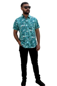 Indian Green Leaf Wedding Dress L Size Hand Block Cotton Shirt Men's Shirts US - Picture 1 of 4