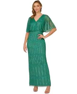 Adrianna Papell Petite Hand-Beaded Flutter-Sleeve Gown Women's 10P Jungle Green - Picture 1 of 18