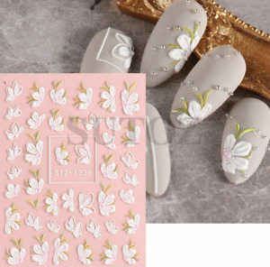 Autocollants pour ongles papillon blanc 5D fleurs roses en relief fleurs de mariée manucure adhésive