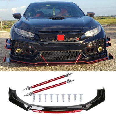 For Honda Civic 2017-2020 Front Bumper Lip Splitter Spoiler Black Red/Strut Rods - Image 1 of 4