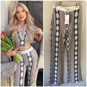 Pantalone Zara cotone elasticizzato all'uncinetto vita alta taglia media nuovo con etichette marrone marrone - Foto 1 di 11