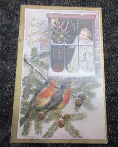 Antigua postal de Navidad con reverso indiviso BEBÉ EN PETIRROJOS EN NIEVE DE ABETO - Imagen 1 de 4