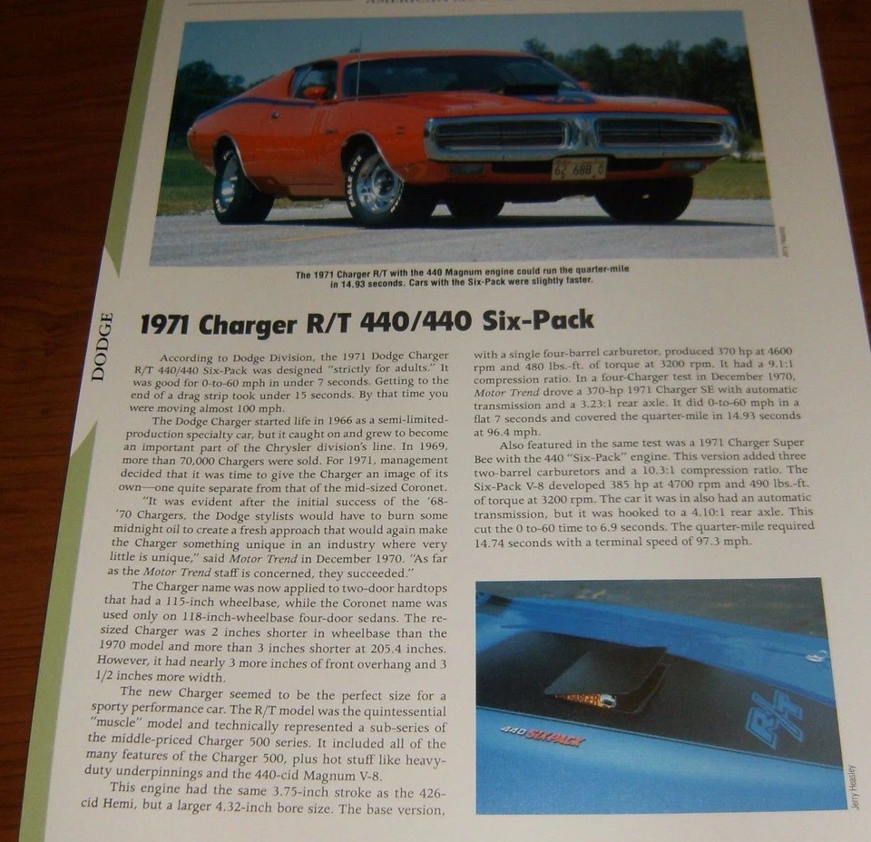 ★★1971 DODGE CHARGER R/T 440 SIX PACK SPECS INFO PHOTO 71 RT 6 PACK★★ - Image 1 of 1