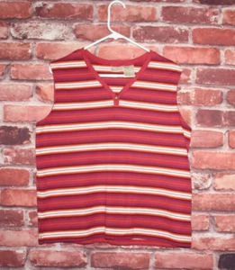 Bobbie Brooks Womens Tank Top Size XL Burgundy/Orange/Cream Stripes V Neck - Picture 1 of 4
