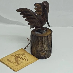 Handgeschnitzter bemalter Holz Pelikan Vogel auf Holz Maritim 5"H - Bild 1 von 5