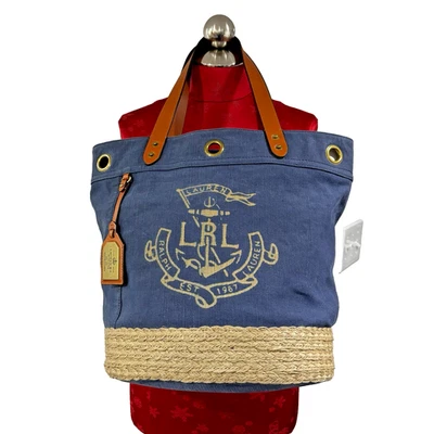 Lauren Ralph Lauren 托特包海军蓝牛仔帆布皮革 Burlap 航海 — 第 1/4 张图片