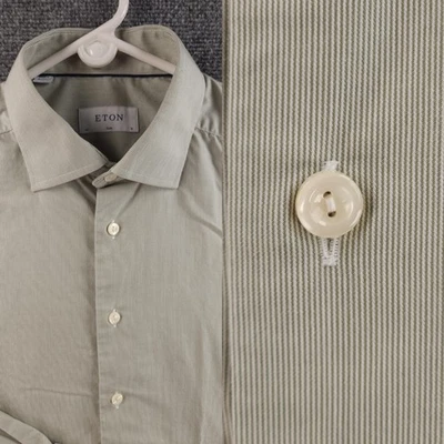 Eton 棉条纹 16 罗马尼亚修身绿色可调袖口衬衫男式纽扣 — 第 1/4 张图片