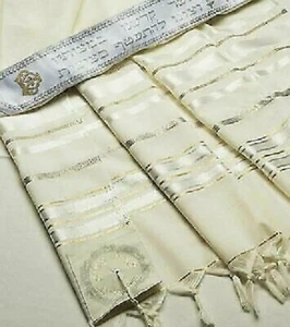  100% Wool Tallit Prayer Shawl in Gold silver Stripes Size 18" L X 72" W - Picture 1 of 7