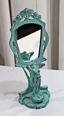 Vintage Art Deco cast Brass Mirror Stand w/ Lady Figurine 11.5" tall Art Nouveau - Image 1 of 4