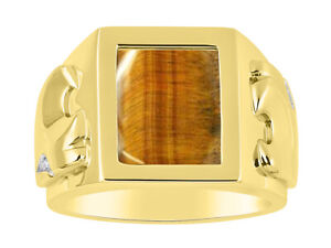 Tiger Eye & Diamond Mens Ring 14K Yellow or White Gold MR3094TEY-C