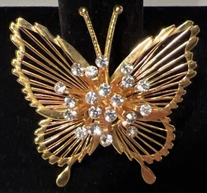 Monet Gold Toned Metal Jeweled Butterfly Brooch Pin 1.5 Inch 6.65 Grams - Picture 1 of 3