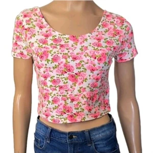 DIVIDED by H&M Cropped Stretchy Top Bright Pink Floral Short Sleeve sz M/LARGE - Picture 1 of 10