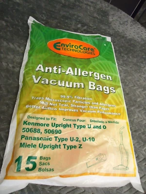 ENVIROCARE VACUUM BAGS 15 PK KENMORE U & O PANASONIC U-2 U-10 MIELE Z ^ - Image 1 of 4