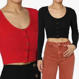 TheMogan Women's Classic Rib Knit Cardigan Long Sleeve Button-Up Fitted Crop Top - Picture 1 of 26