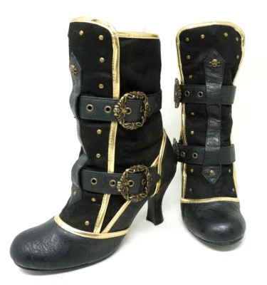 Bota Funtasma Matey 205 Negra Steampunk Pirate Pleaser Talla 7 Hebillas Punta Redonda Foto 1 de 4