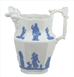 Antique Staffordshire Porcelain Pitcher Lion Head Spout Blue on White 44 Ounce - Picture 1 of 12