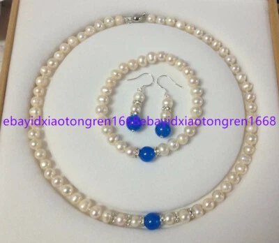 Juego de pendientes collar pulsera jade azul perlas cultivadas blancas de 7-8 mm Foto 1 de 4