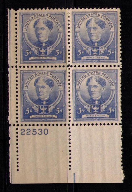 US USA Sc# 872  MNH FVF PLATE # BLOCK Frances E Willard Suffragist - Image 1 of 1