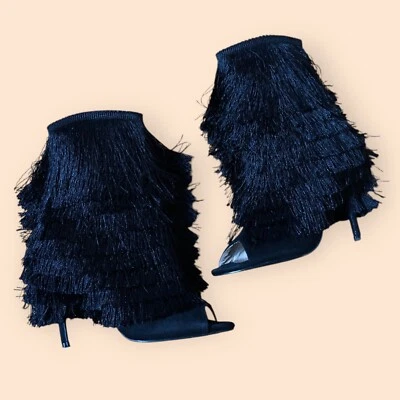 Botas Jubilee negras con flecos en capas punta abierta tacón con cremallera fiesta formal mujeres 8,5 Foto 1 de 4