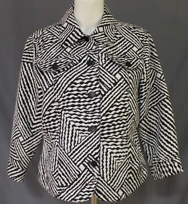 Ruby Rd. Black/White Abstract Stripe Button Front 3/4 Sleeve Jacket Size 14 - Image 1 of 4