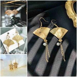 Women Earrings Drop Chinese Fan 18k Gold Plated A Pair/set for Jewelry