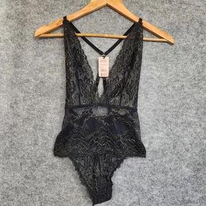 Bras N Things Bodysuit Womens Size 8 Black Gold Star Shine G-String Lingerie - Picture 1 of 6