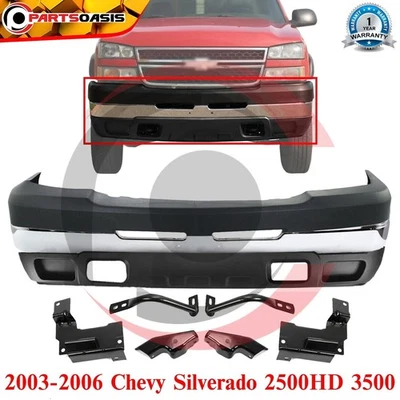 Комплект хромированного переднего бампера + кронштейны для Chevy Silverado 2500HD 3500 2003-2006 годов выпуска - Изображение 1 из 4
