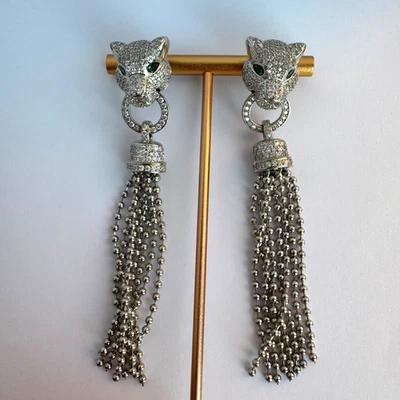 Pendientes con cabeza de pantera y cadena de diamantes de imitación de plata de ley S925 con borla, 3,5" L Foto 1 de 4