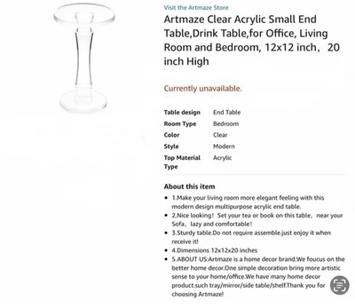 Artmaze 12Dx12Wx20H Clear Small End Table Side Table for Living Room Office - Image 1 of 2
