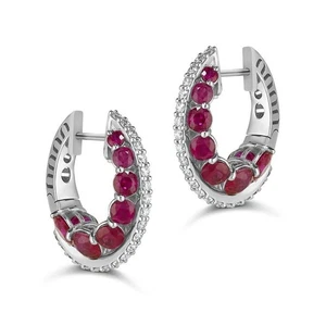 Cushion Lab Ruby Hoop Earrings 925 Sterling Silver Glamorous Christmas Jewelry - Picture 1 of 5