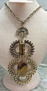 VTG Gorgeous Triple Medallion Tiger’s Eye Necklace 38-41” Chain & Brassy Pendant - Picture 1 of 8