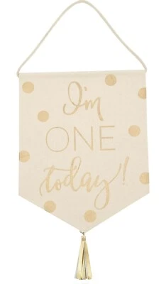 New Mud Pie 1st Birthday “I Am One Today“ Gold Letter Canvas Flag Banner 17”x14” - Image 1 of 4