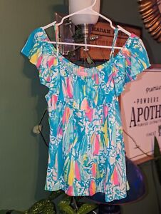 Lilly Pulitzer Top Womens L Tamiami Off the Shoulder Multi Beach and Bae Summer