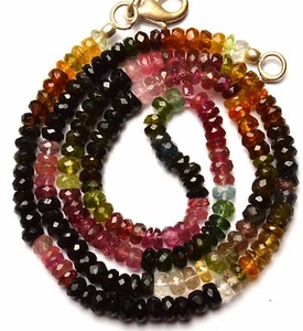 NATURAL GEMSTONE MULTICOLOR TOURMALINE 4MM FACETED RONDELLE BEADS NECKLACE 18" - Picture 1 of 4